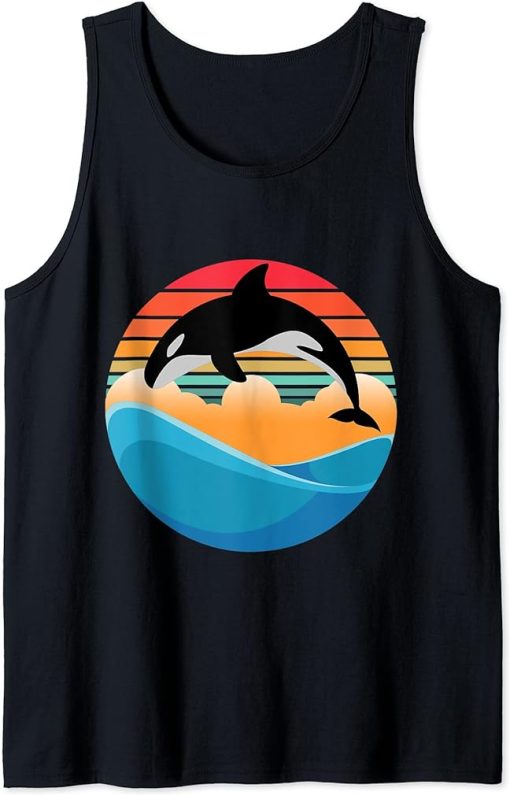 Orca killer Whale Jump in Vintage and Retro Sunset and Sea Tank Top