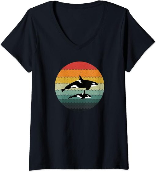 Womens Orca Killer Whale Family Vintage Retro Art Graphic Sea Ocean V-Neck T-Shirt