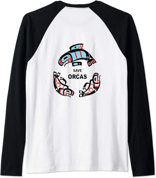 Save the Orcas - NW Coast Indian Style Formline Design Raglan Baseball Tee