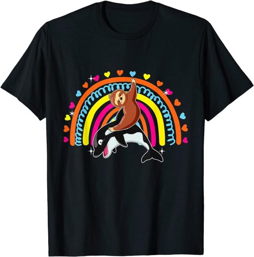 Sloth Riding Orca Funny Zoo Animal Rainbow Hearts Lover Kids T-Shirt