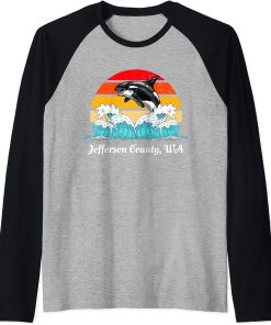 Vintage Jefferson County WA Distressed Orca Killer Whale Art Raglan Baseball Tee