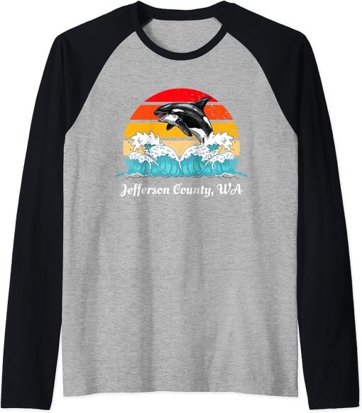 Vintage Jefferson County WA Distressed Orca Killer Whale Art Raglan Baseball Tee