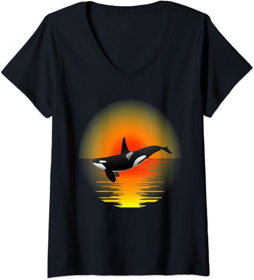 Womens Funny Orca Whale Ocean Sea Retro Vintage Sunset Animal V-Neck T-Shirt