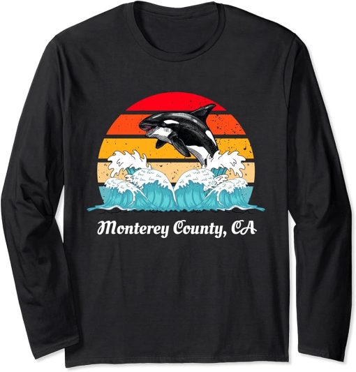 Vintage Monterey County CA Distressed Orca Killer Whale Art Long Sleeve T-Shirt